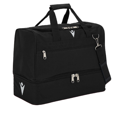 Front of zip tote bag with white canvas, black canvas straps and handle, and black zipper pulls.