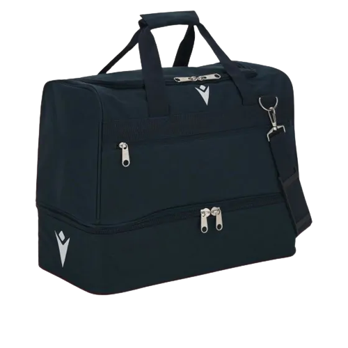 Front of zip tote bag with white canvas, black canvas straps and handle, and black zipper pulls.