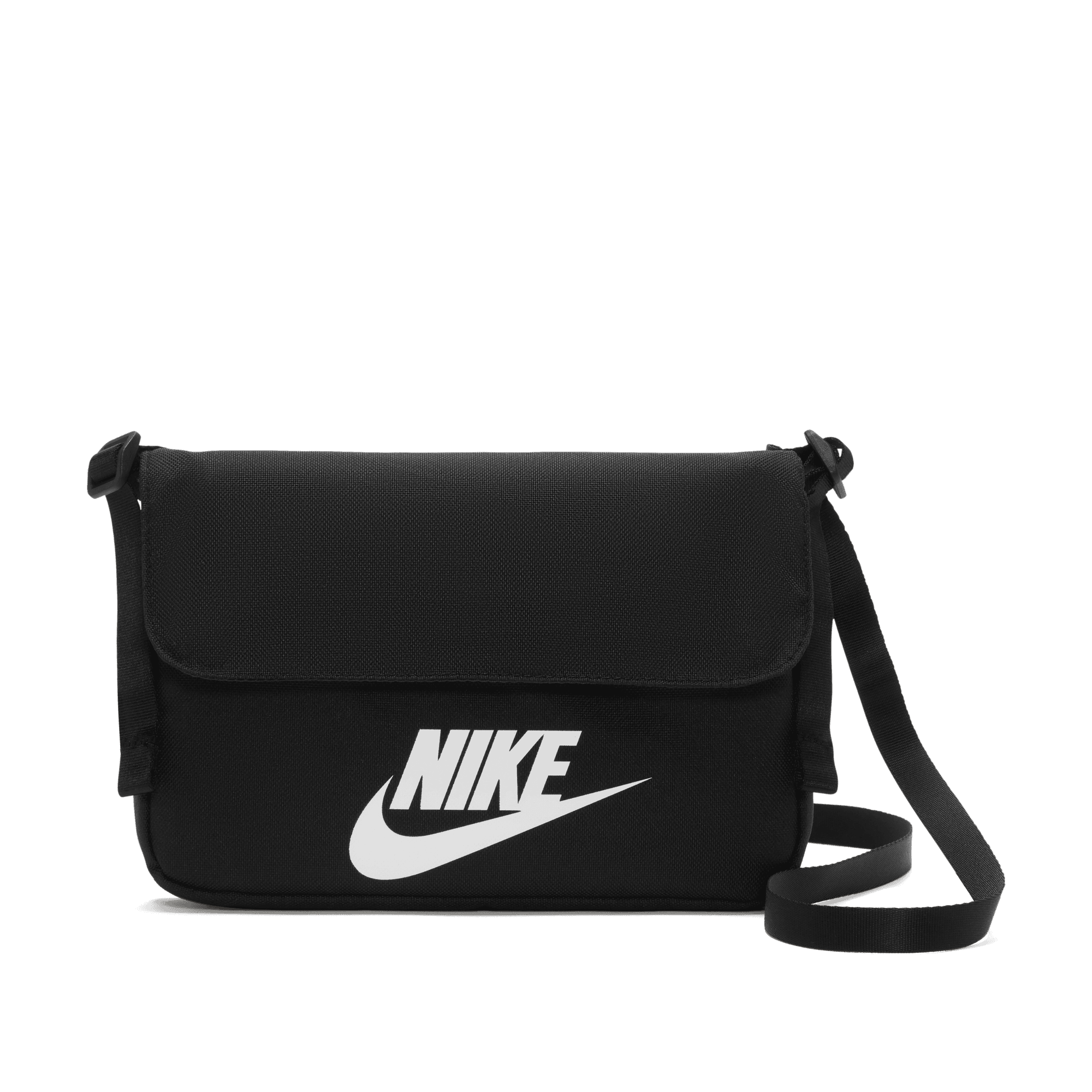 Front of zip tote bag with white canvas, black canvas straps and handle, and black zipper pulls.