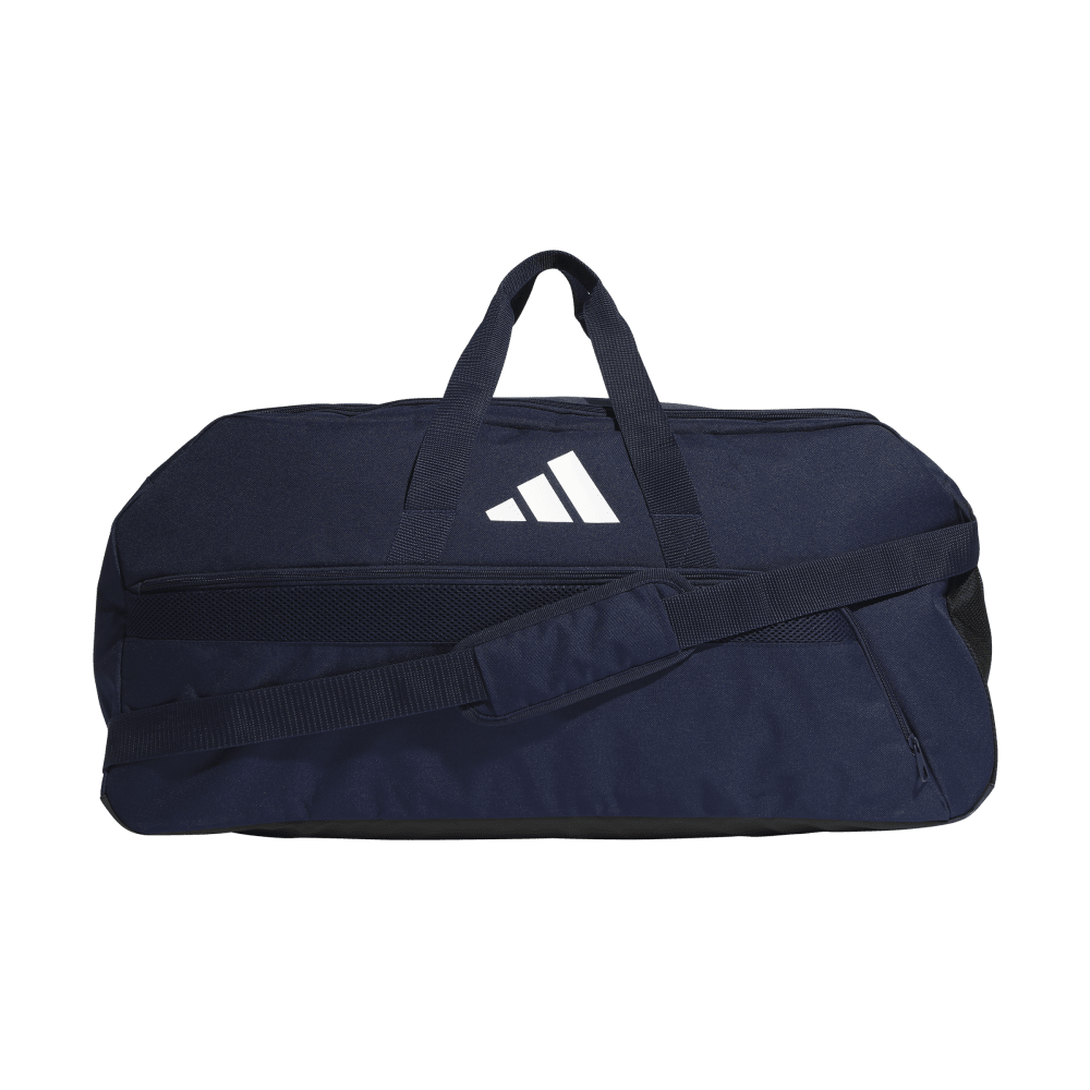 Front of zip tote bag with white canvas, black canvas straps and handle, and black zipper pulls.