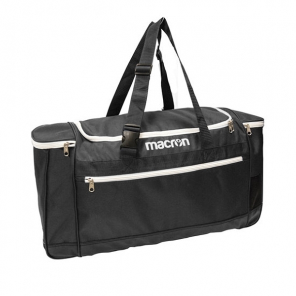 Front of zip tote bag with white canvas, black canvas straps and handle, and black zipper pulls.