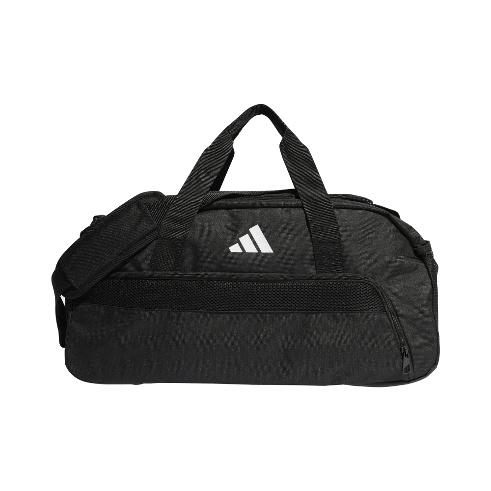 Front of zip tote bag with white canvas, black canvas straps and handle, and black zipper pulls.