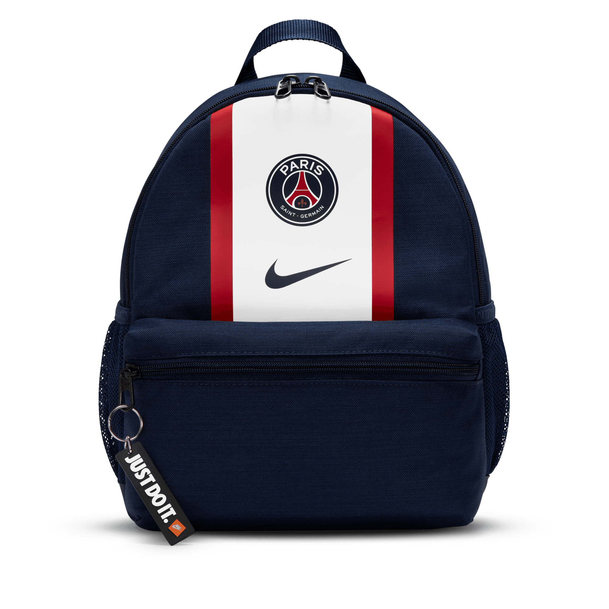 Front of zip tote bag with white canvas, black canvas straps and handle, and black zipper pulls.