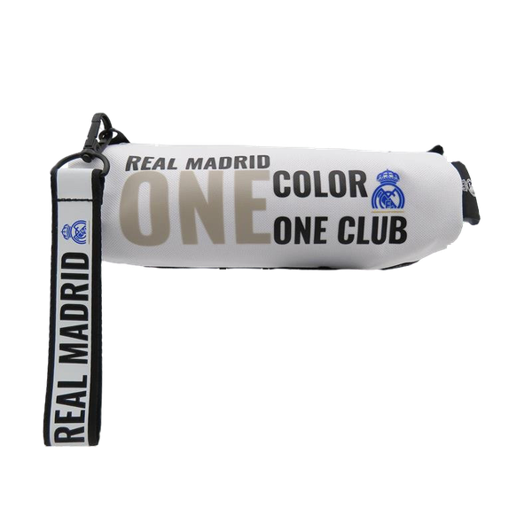 Front of zip tote bag with white canvas, black canvas straps and handle, and black zipper pulls.