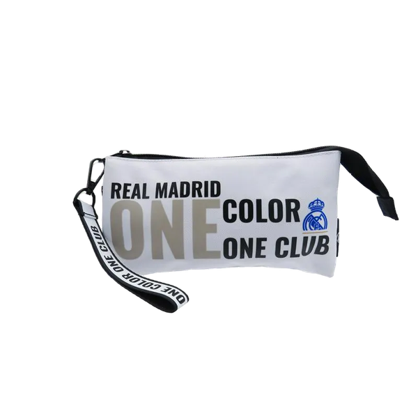 Front of zip tote bag with white canvas, black canvas straps and handle, and black zipper pulls.