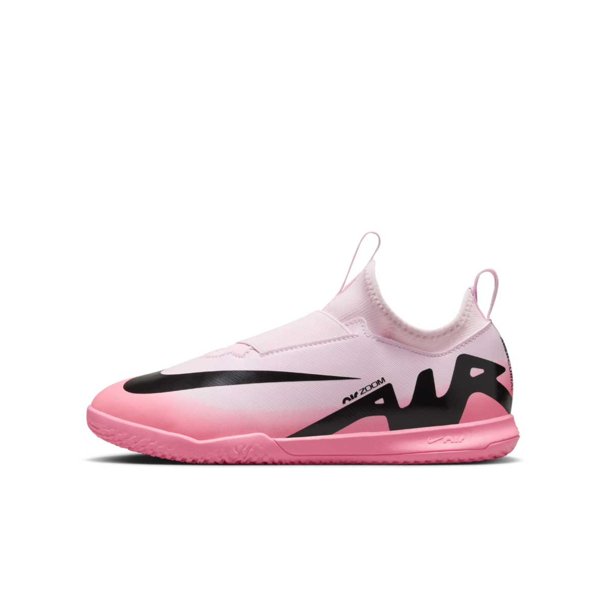 Front of zip tote bag with white canvas, black canvas straps and handle, and black zipper pulls.