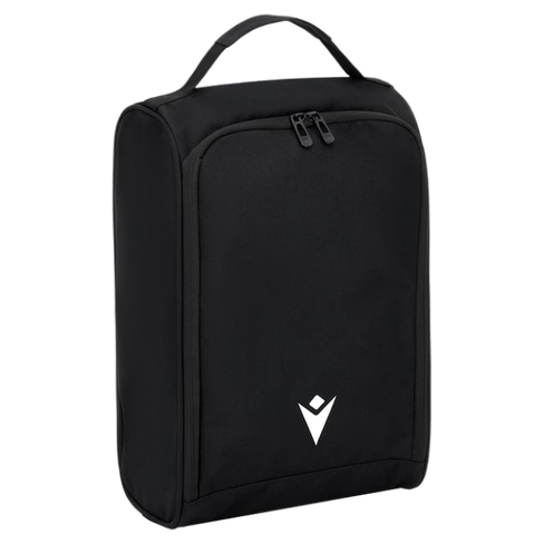 Front of zip tote bag with white canvas, black canvas straps and handle, and black zipper pulls.