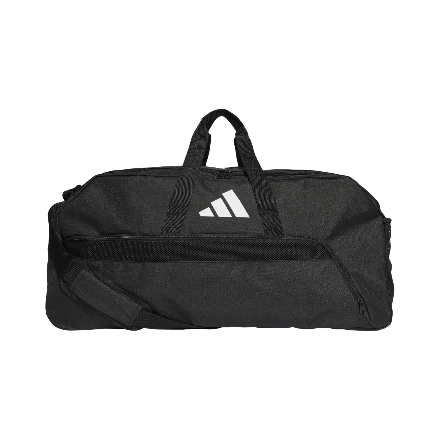 Front of zip tote bag with white canvas, black canvas straps and handle, and black zipper pulls.