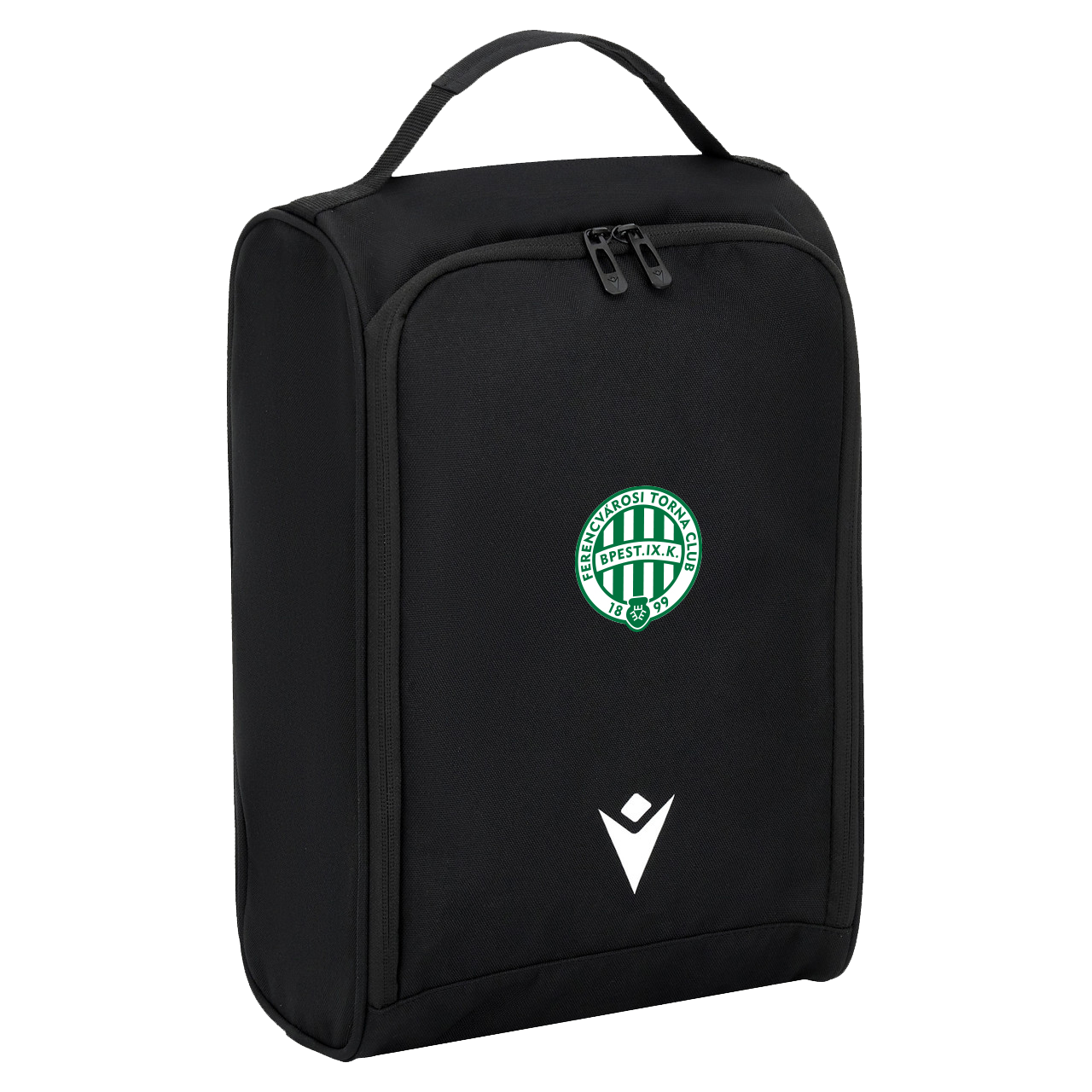 Front of zip tote bag with white canvas, black canvas straps and handle, and black zipper pulls.