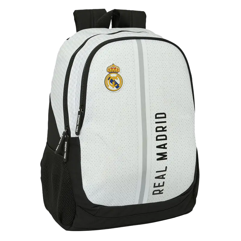 Front of zip tote bag with white canvas, black canvas straps and handle, and black zipper pulls.