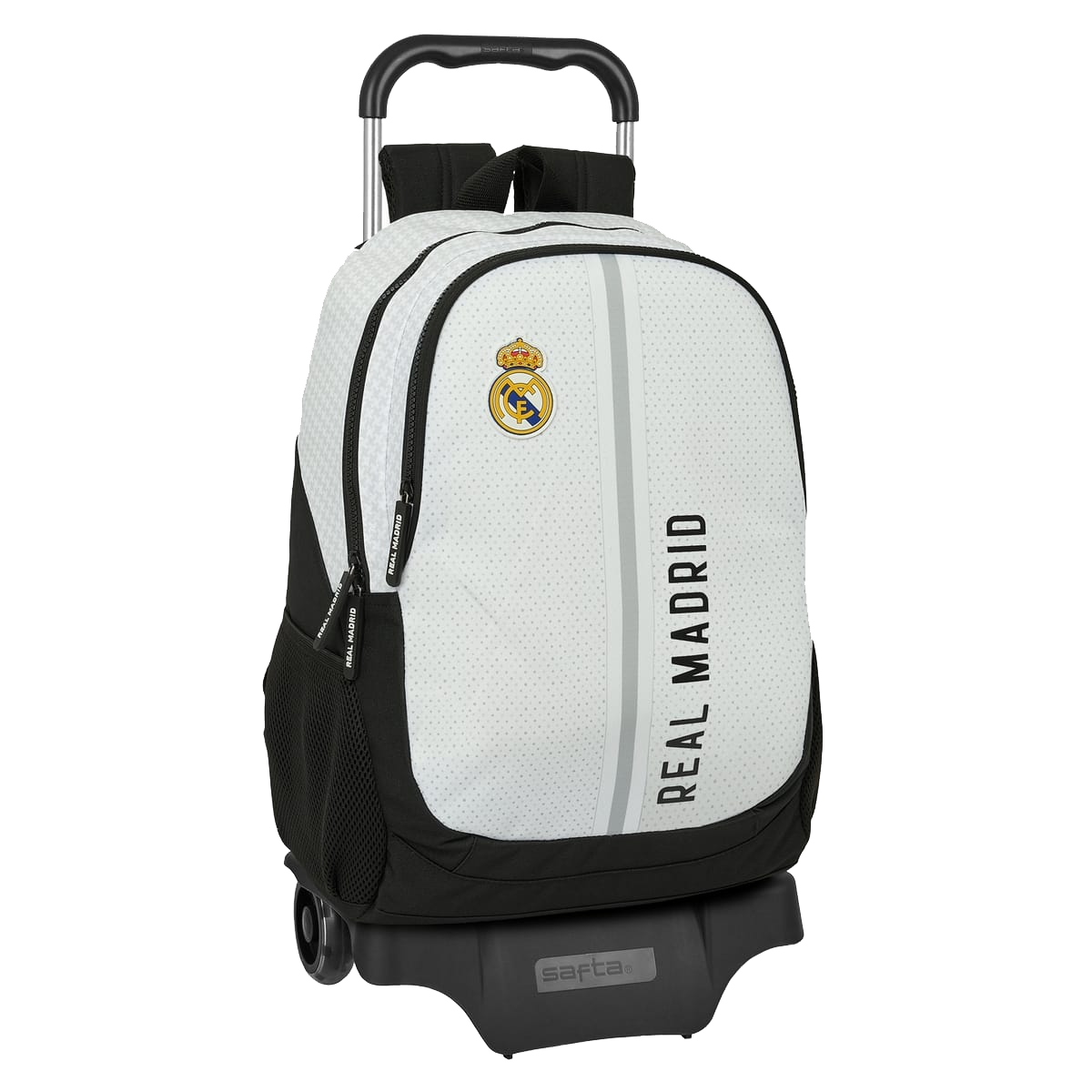 Front of zip tote bag with white canvas, black canvas straps and handle, and black zipper pulls.