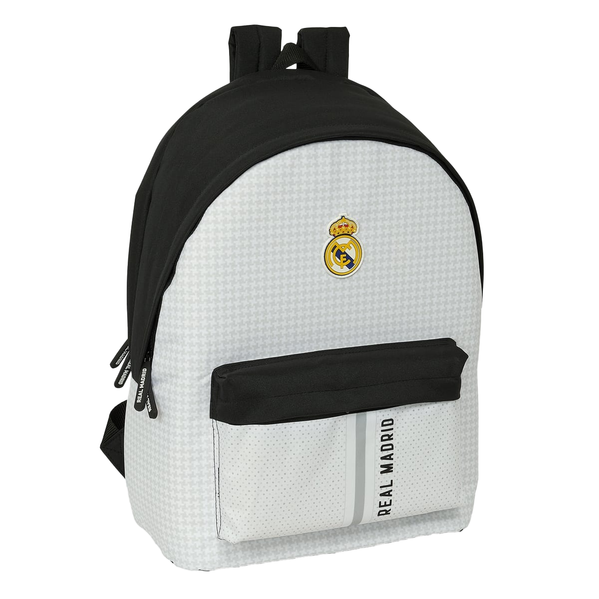 Front of zip tote bag with white canvas, black canvas straps and handle, and black zipper pulls.