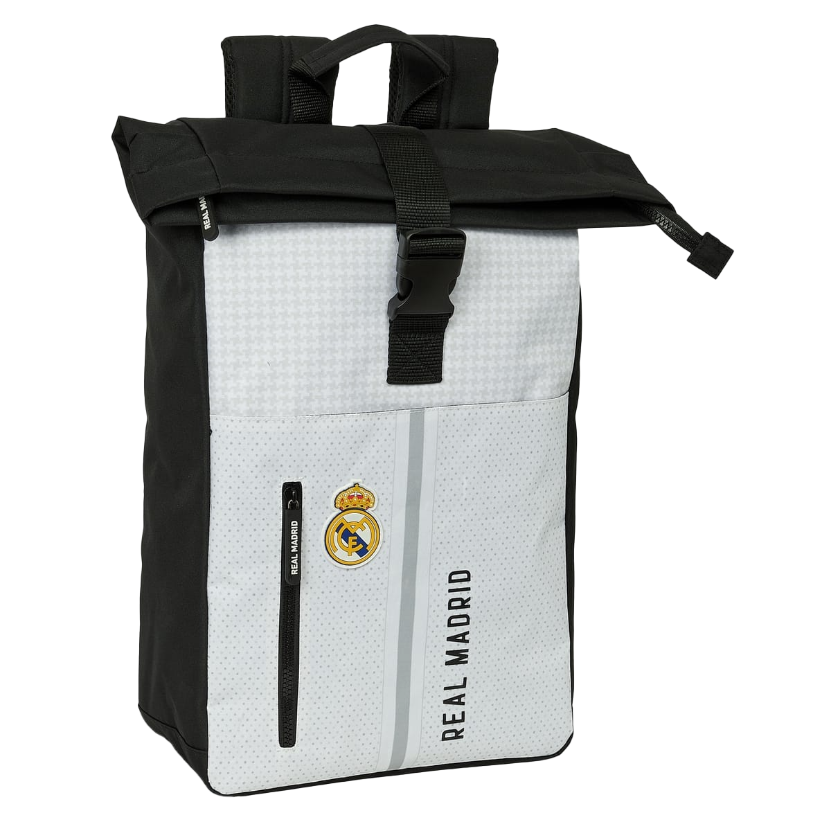 Front of zip tote bag with white canvas, black canvas straps and handle, and black zipper pulls.