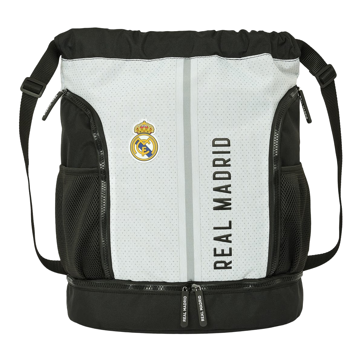 Front of zip tote bag with white canvas, black canvas straps and handle, and black zipper pulls.