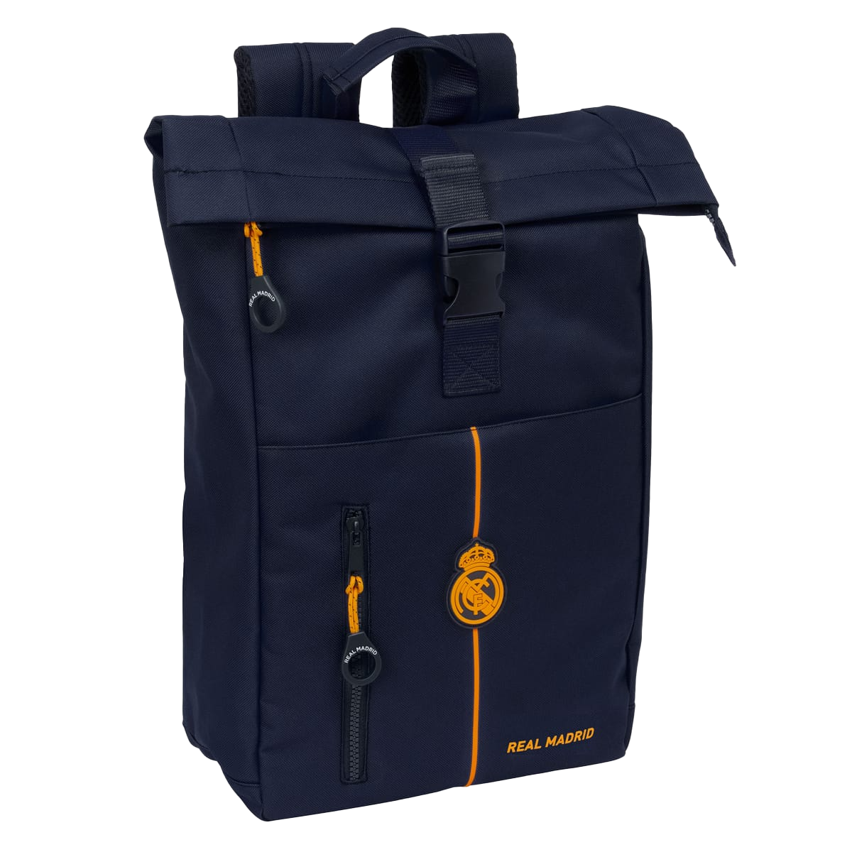 Front of zip tote bag with white canvas, black canvas straps and handle, and black zipper pulls.