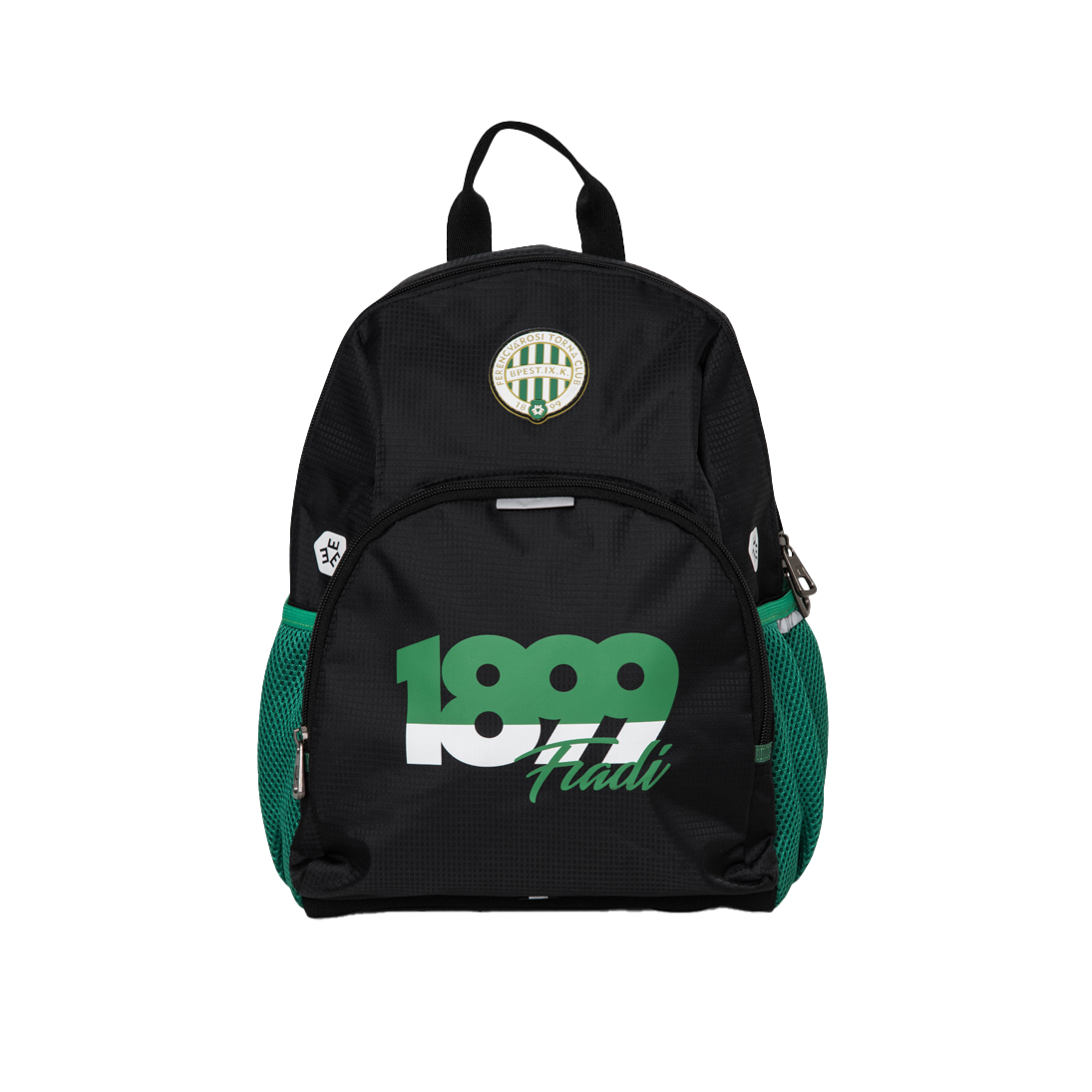 Front of zip tote bag with white canvas, black canvas straps and handle, and black zipper pulls.