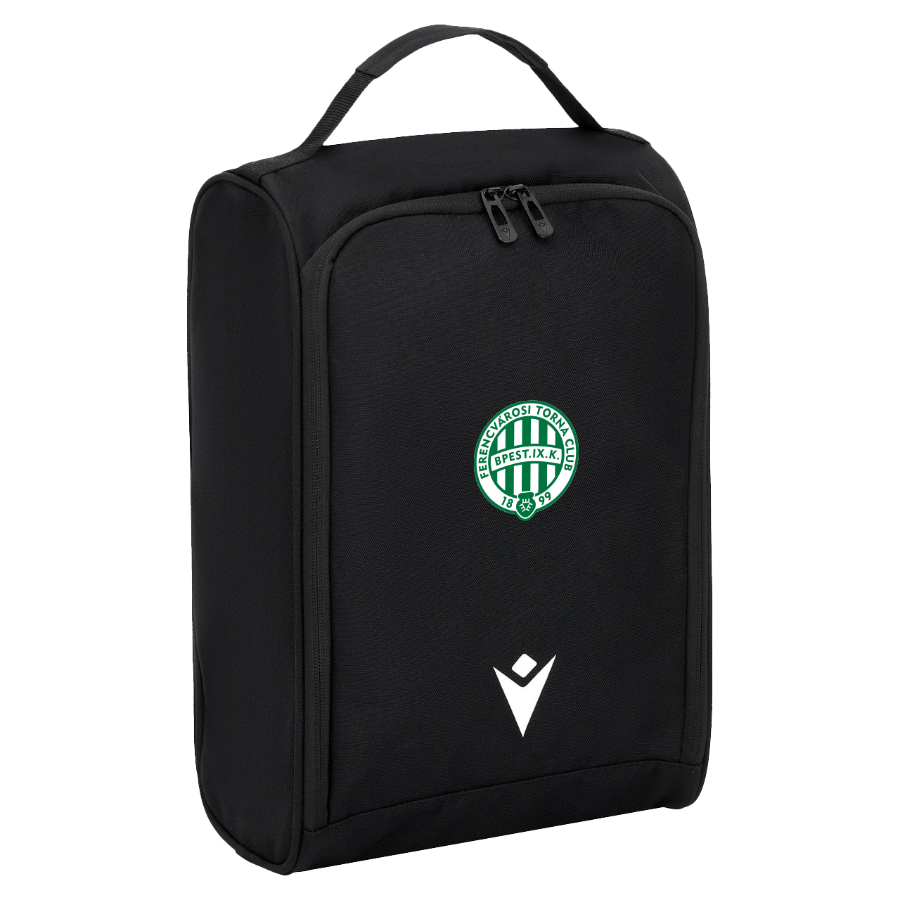 Front of zip tote bag with white canvas, black canvas straps and handle, and black zipper pulls.