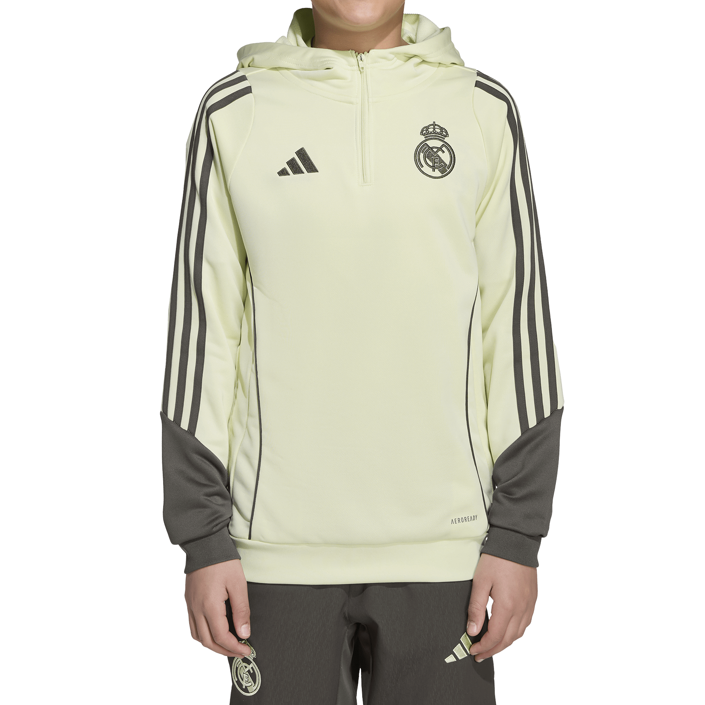 Front of zip tote bag with white canvas, black canvas straps and handle, and black zipper pulls.