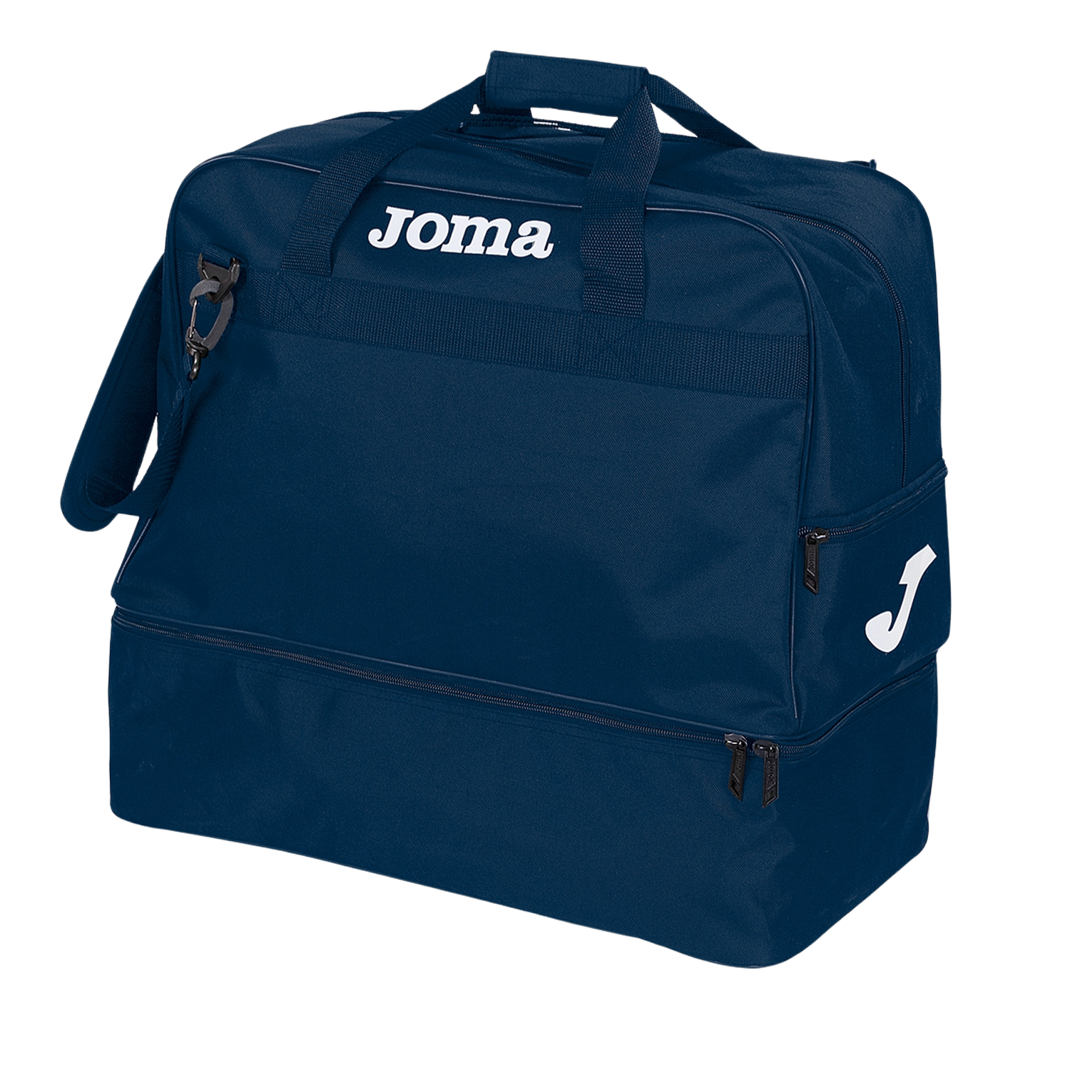 Front of zip tote bag with white canvas, black canvas straps and handle, and black zipper pulls.