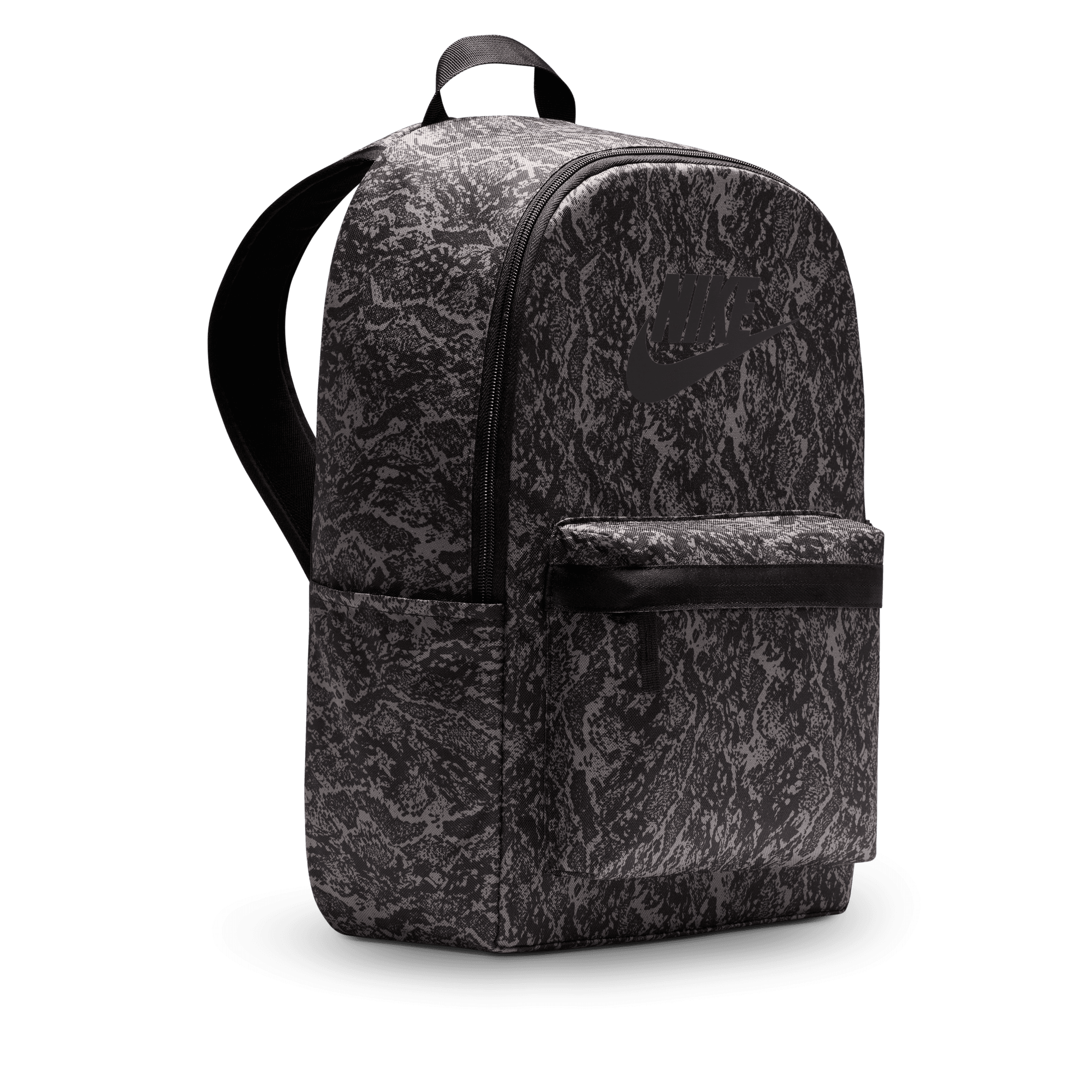 Front of zip tote bag with white canvas, black canvas straps and handle, and black zipper pulls.