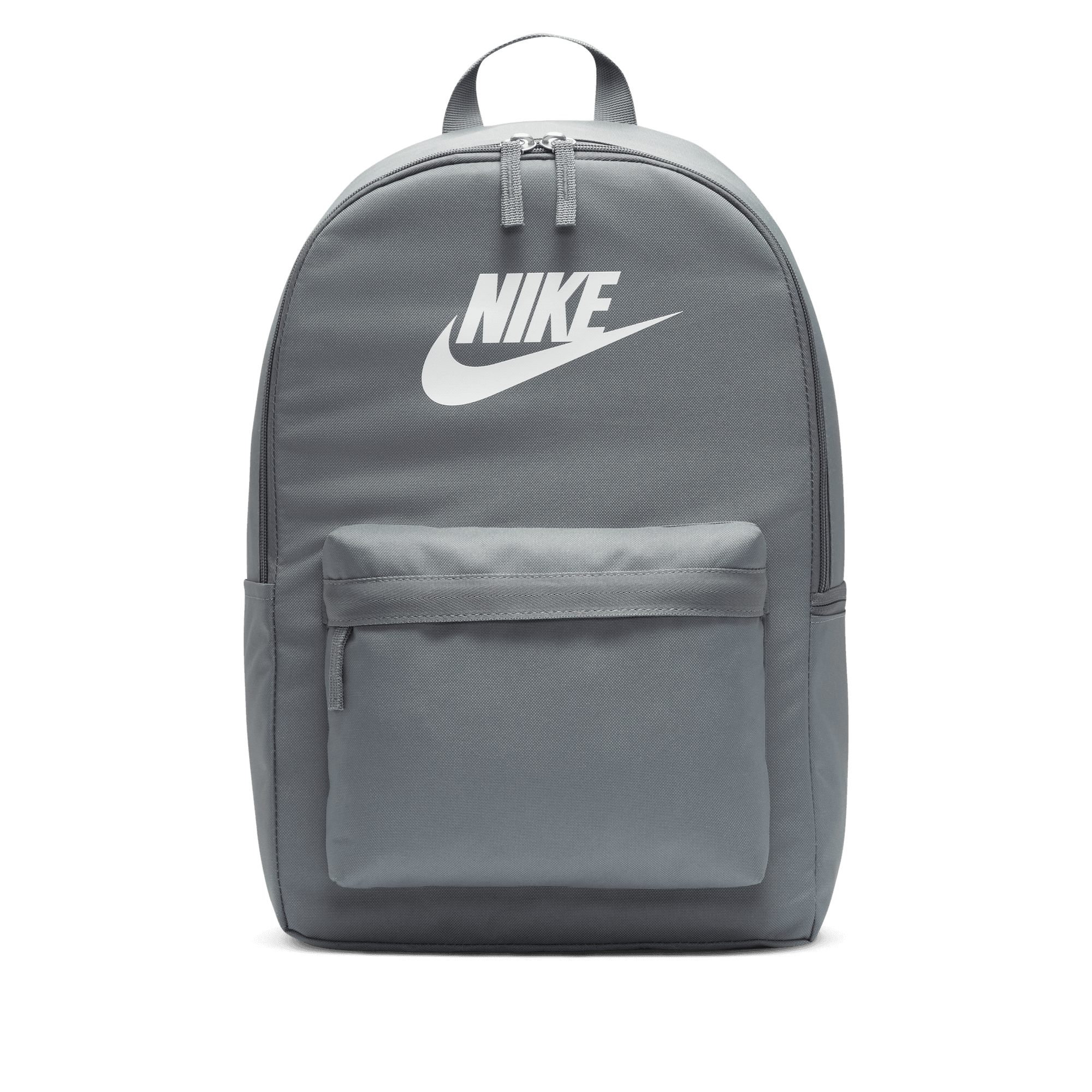 Front of zip tote bag with white canvas, black canvas straps and handle, and black zipper pulls.