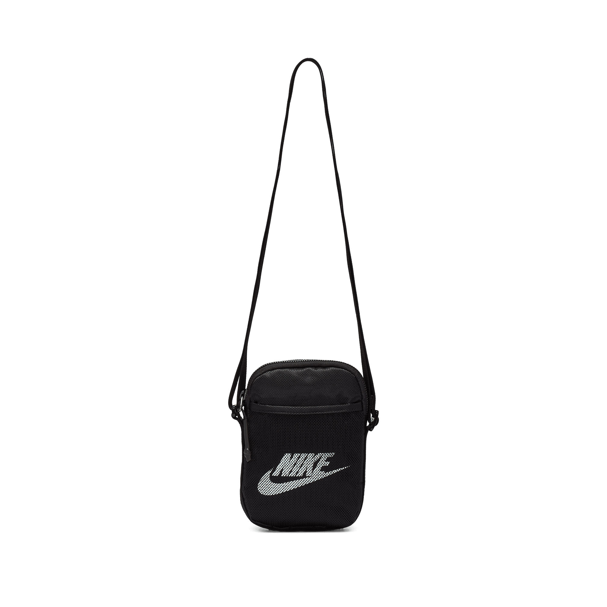 Front of zip tote bag with white canvas, black canvas straps and handle, and black zipper pulls.