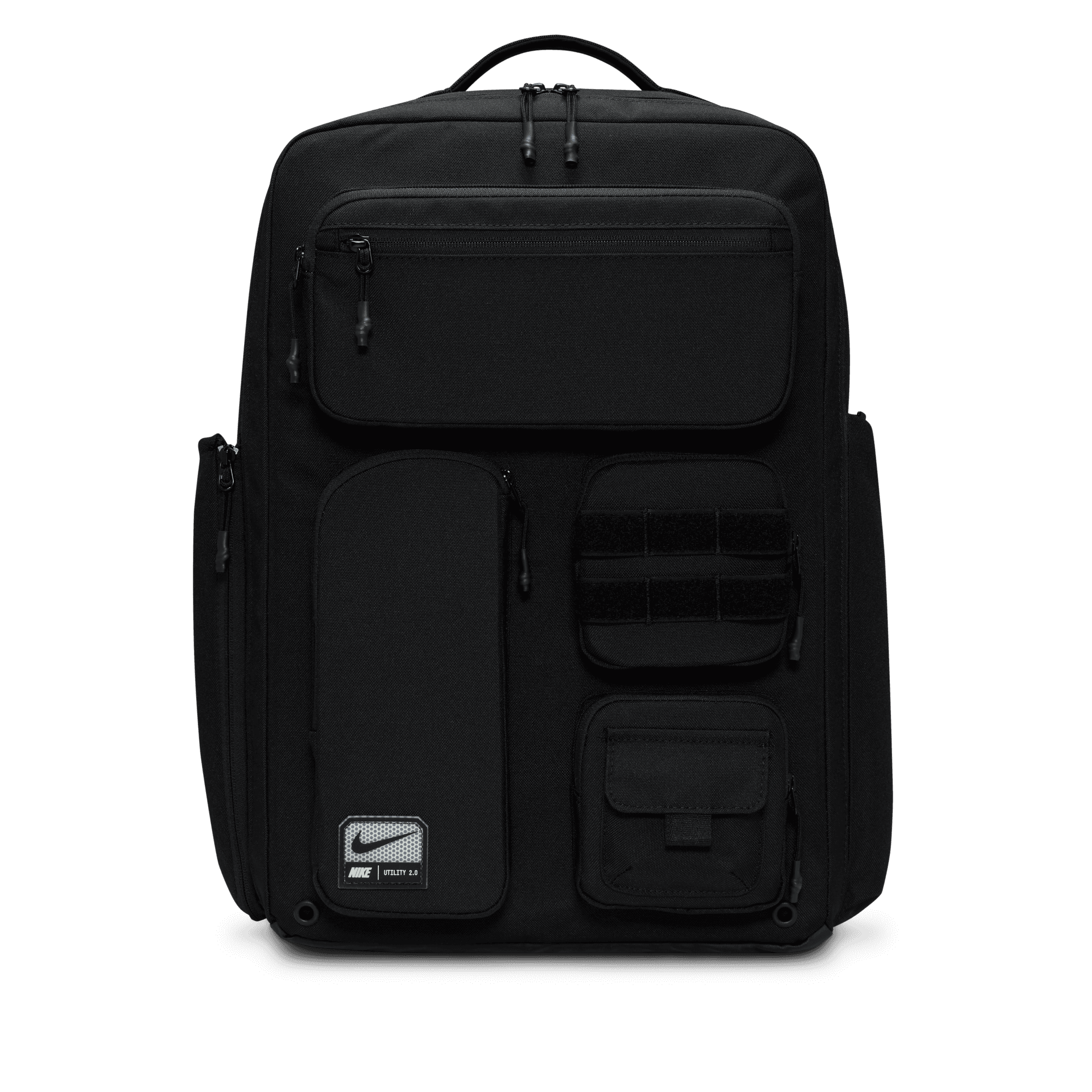 Front of zip tote bag with white canvas, black canvas straps and handle, and black zipper pulls.