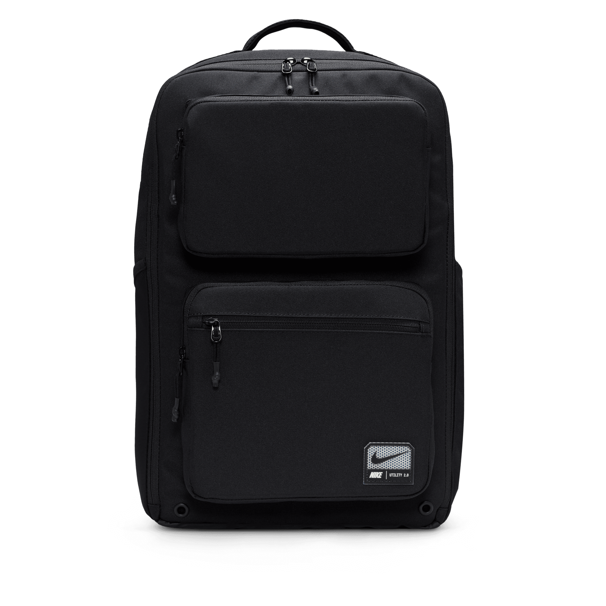 Front of zip tote bag with white canvas, black canvas straps and handle, and black zipper pulls.