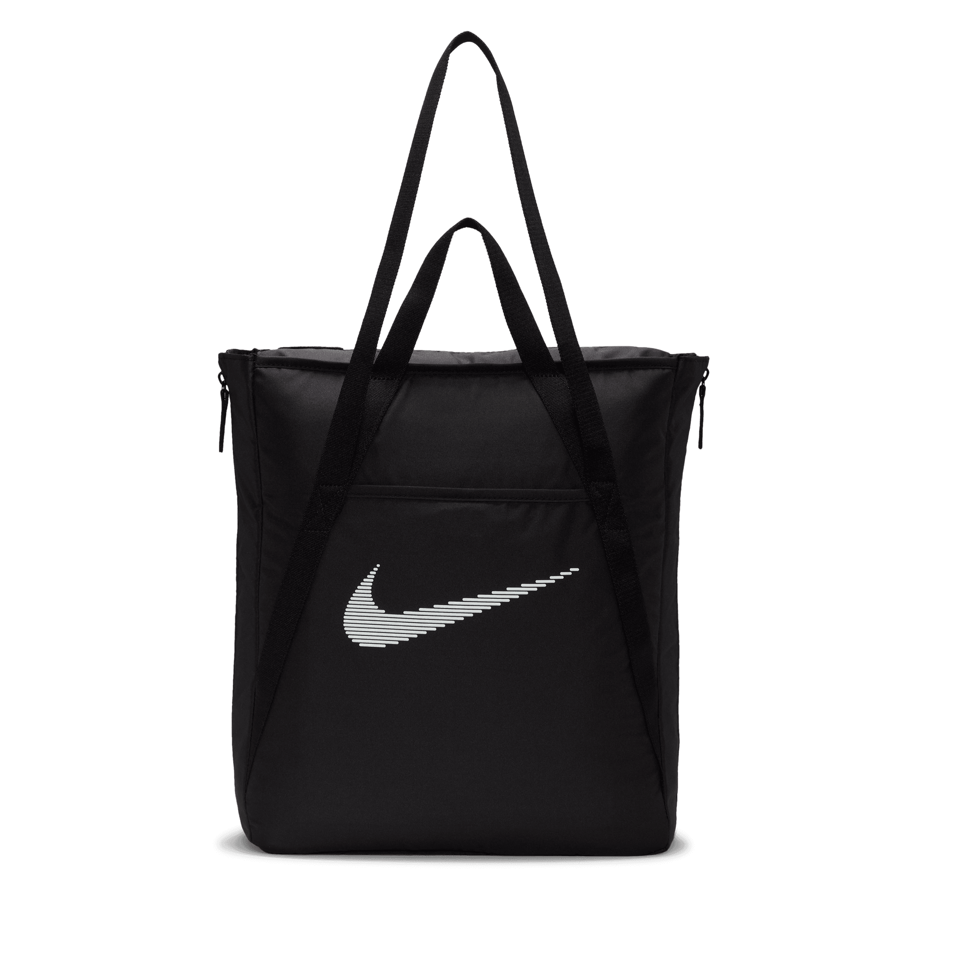Front of zip tote bag with white canvas, black canvas straps and handle, and black zipper pulls.