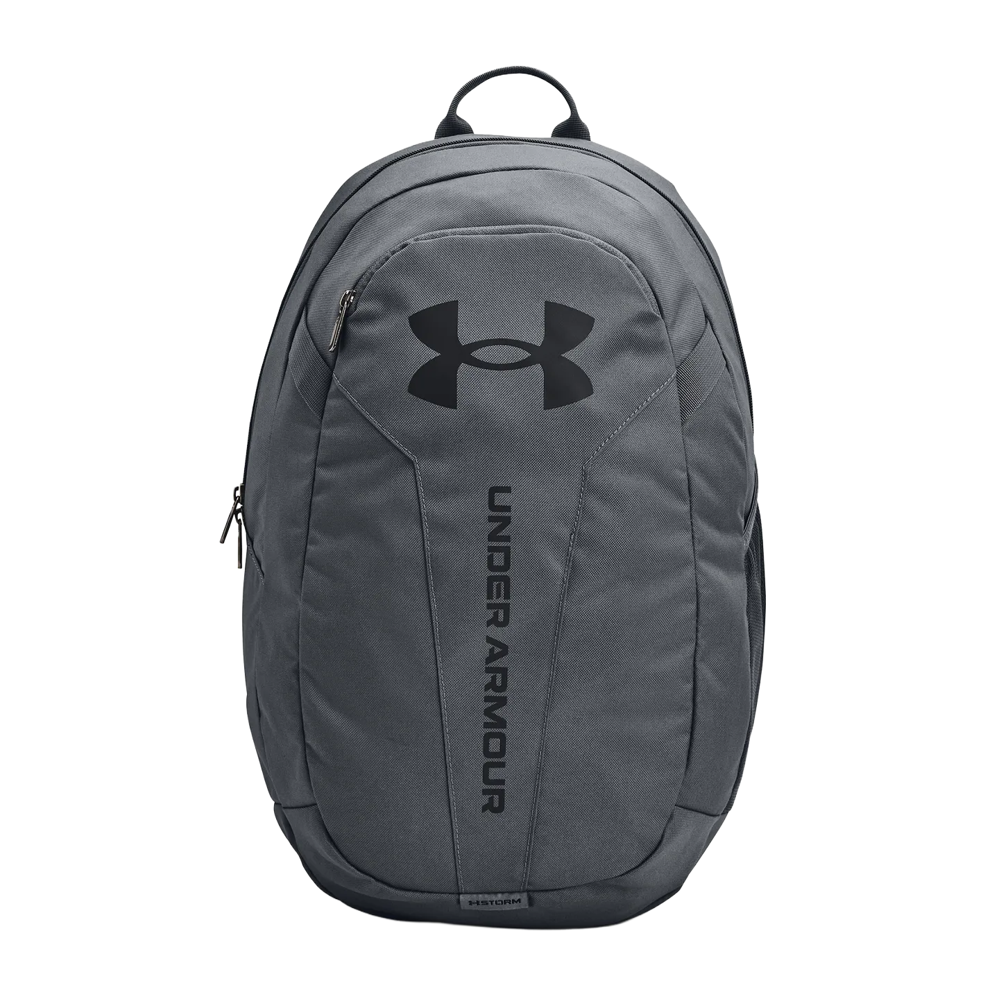 Front of zip tote bag with white canvas, black canvas straps and handle, and black zipper pulls.