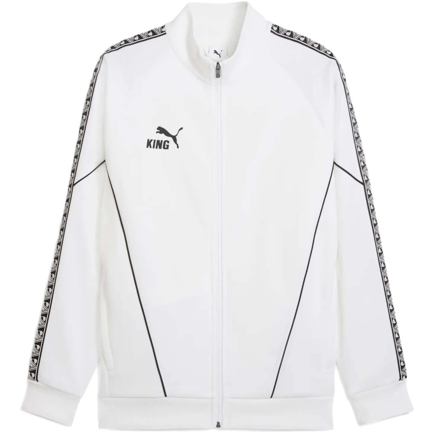 Front of zip tote bag with white canvas, black canvas straps and handle, and black zipper pulls.