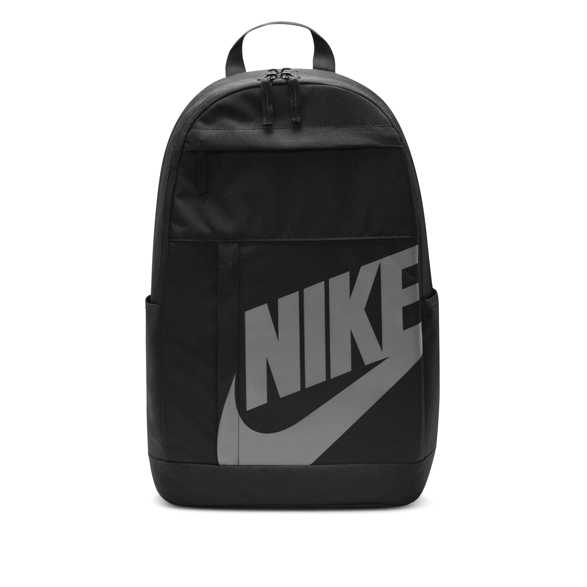 Front of zip tote bag with white canvas, black canvas straps and handle, and black zipper pulls.