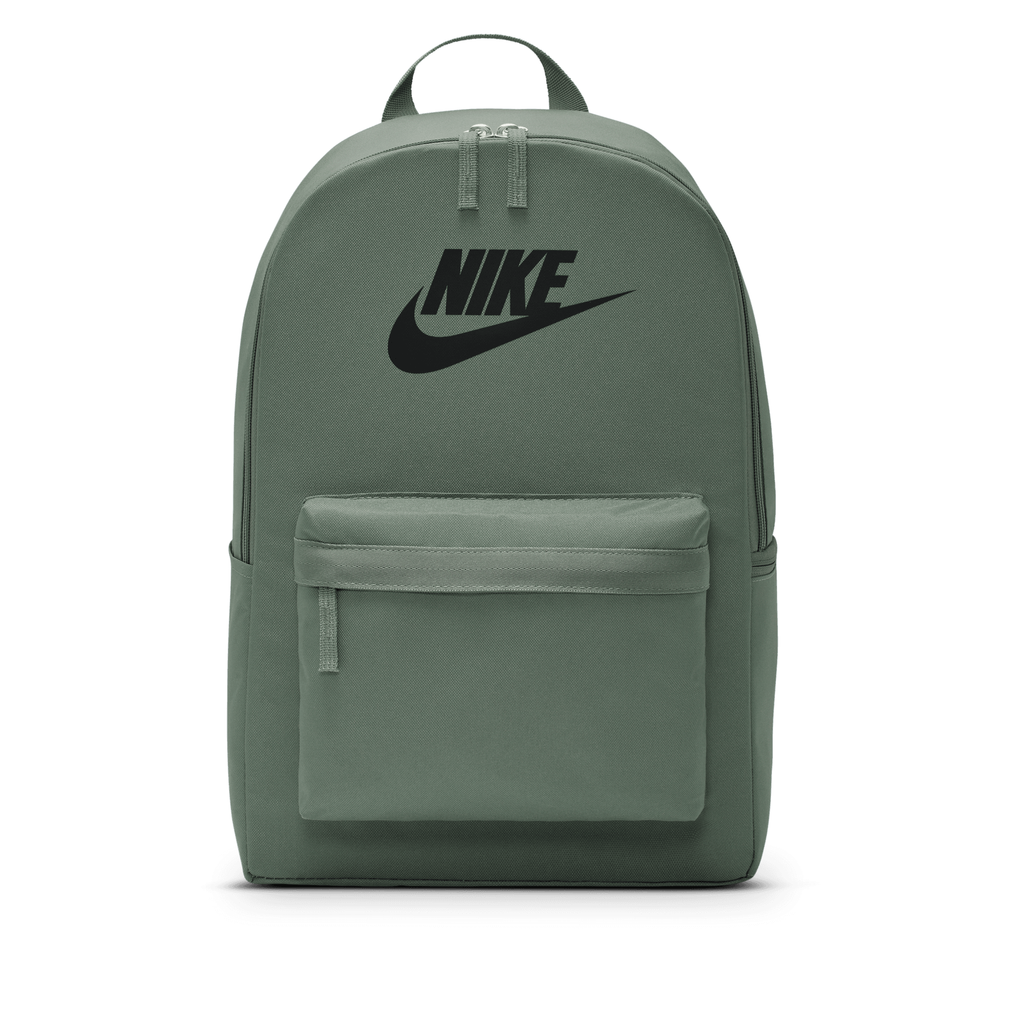 Front of zip tote bag with white canvas, black canvas straps and handle, and black zipper pulls.