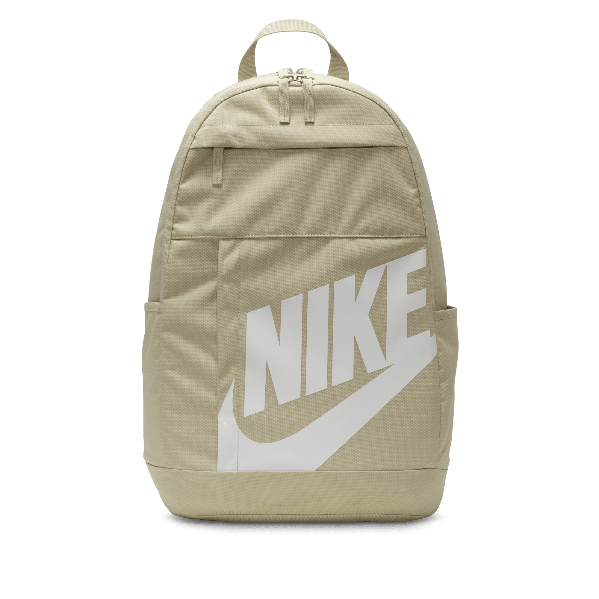 Front of zip tote bag with white canvas, black canvas straps and handle, and black zipper pulls.