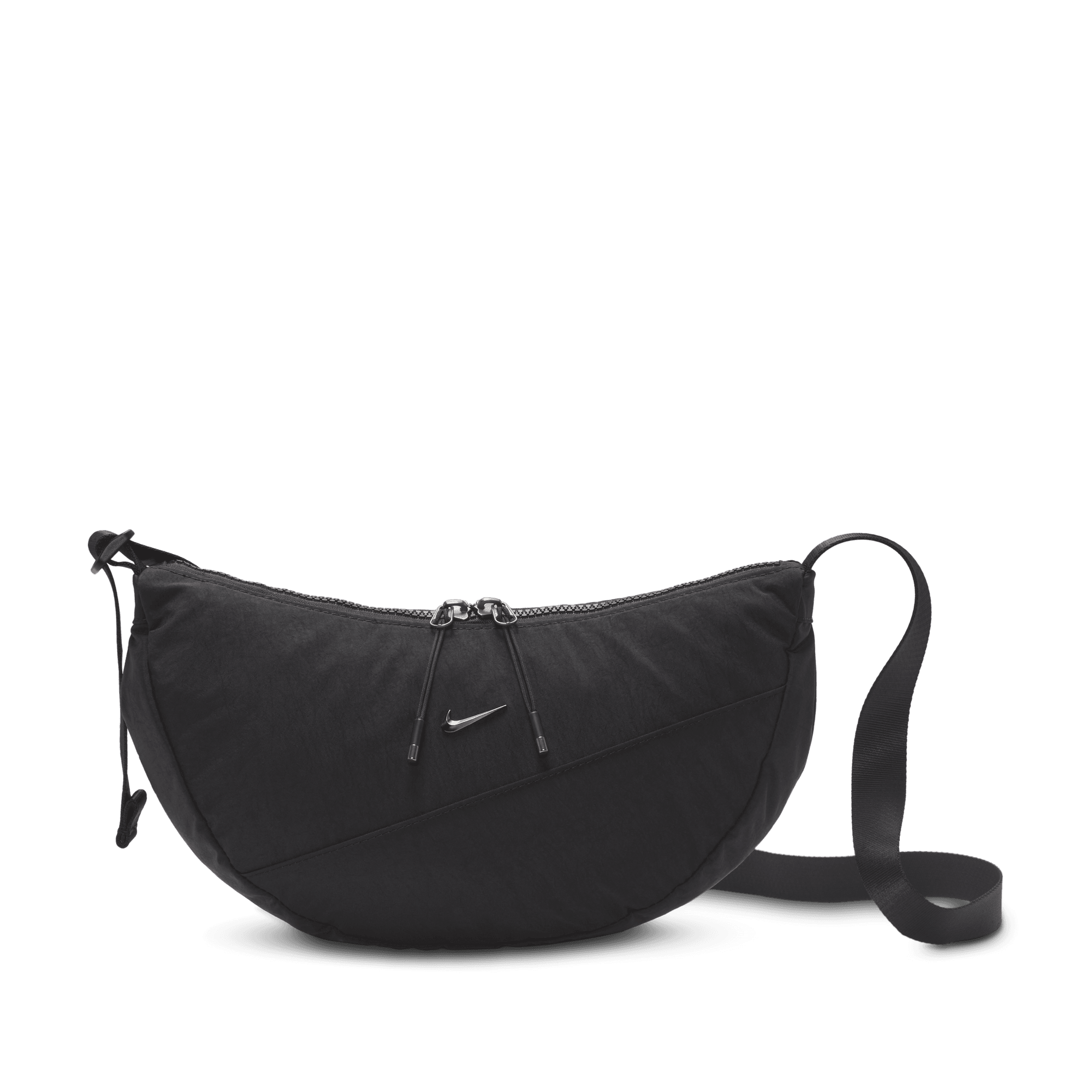 Front of zip tote bag with white canvas, black canvas straps and handle, and black zipper pulls.