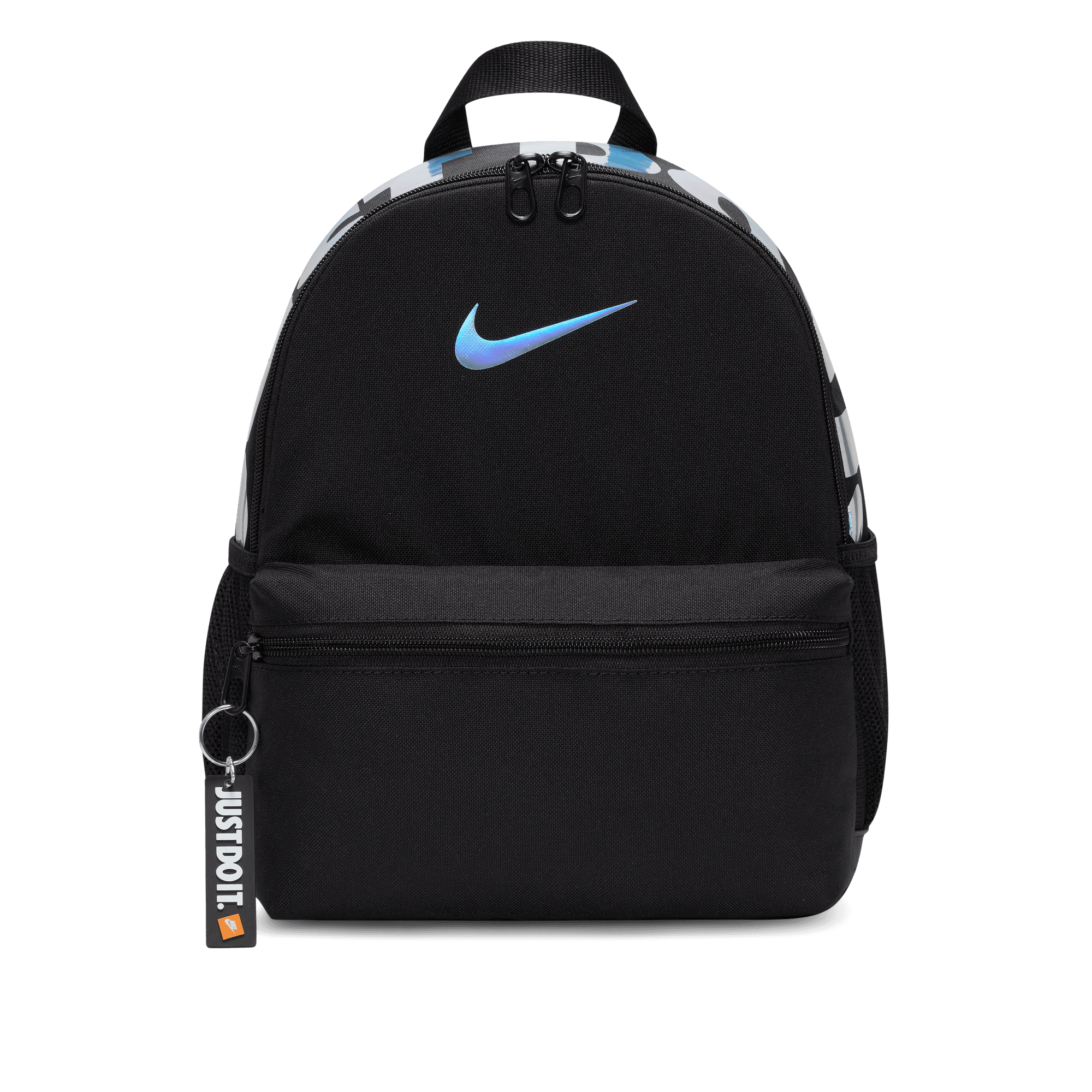 Front of zip tote bag with white canvas, black canvas straps and handle, and black zipper pulls.