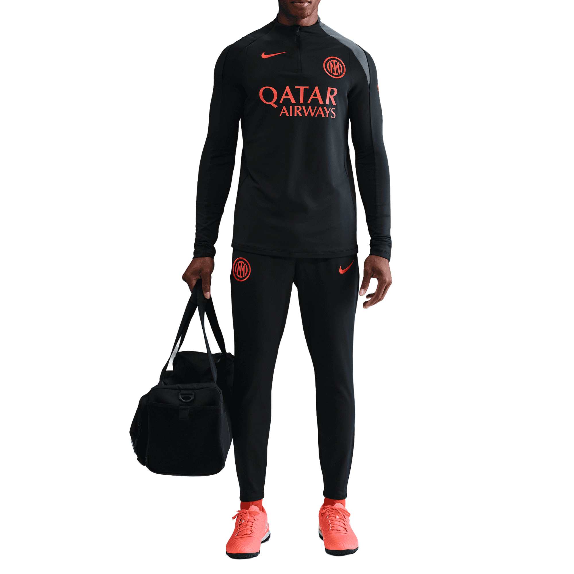 Front of zip tote bag with white canvas, black canvas straps and handle, and black zipper pulls.