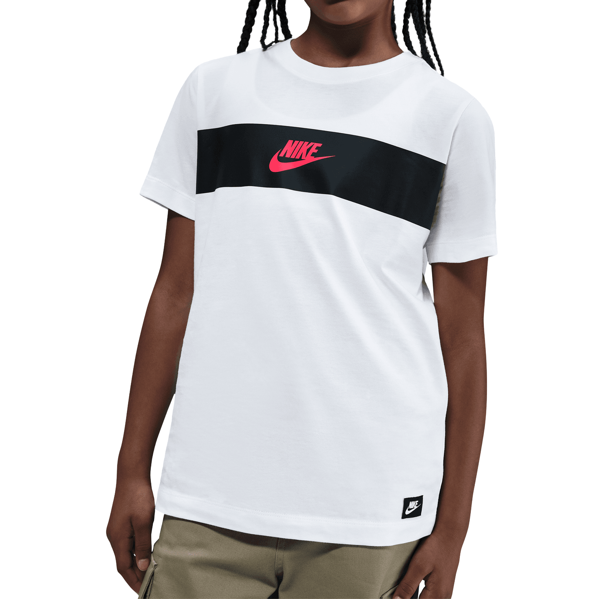 Front of zip tote bag with white canvas, black canvas straps and handle, and black zipper pulls.