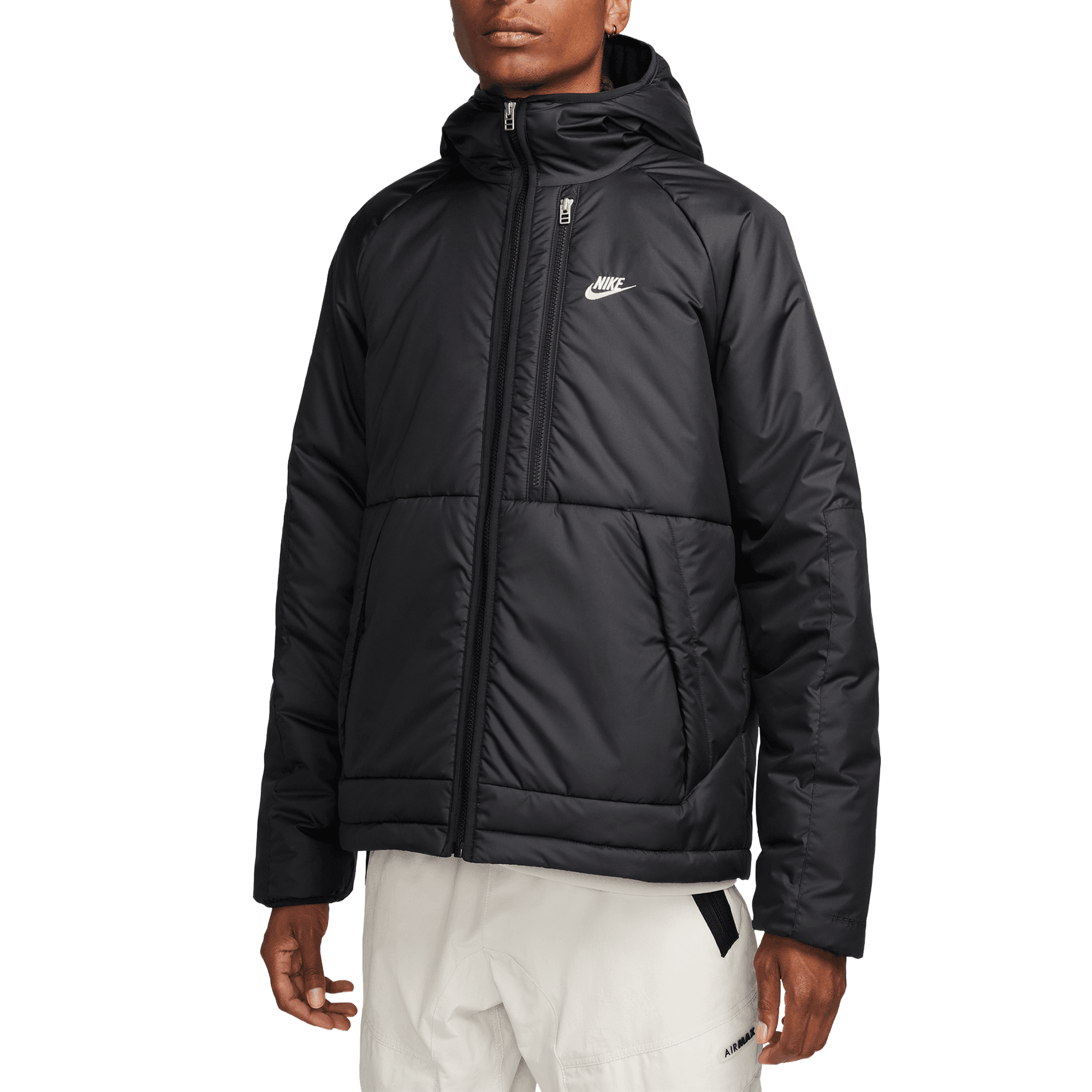 Front of zip tote bag with white canvas, black canvas straps and handle, and black zipper pulls.