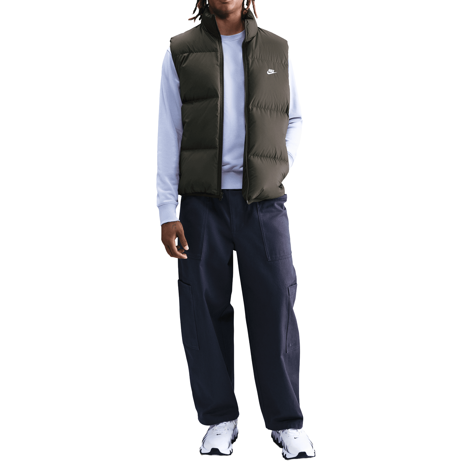 Front of zip tote bag with white canvas, black canvas straps and handle, and black zipper pulls.