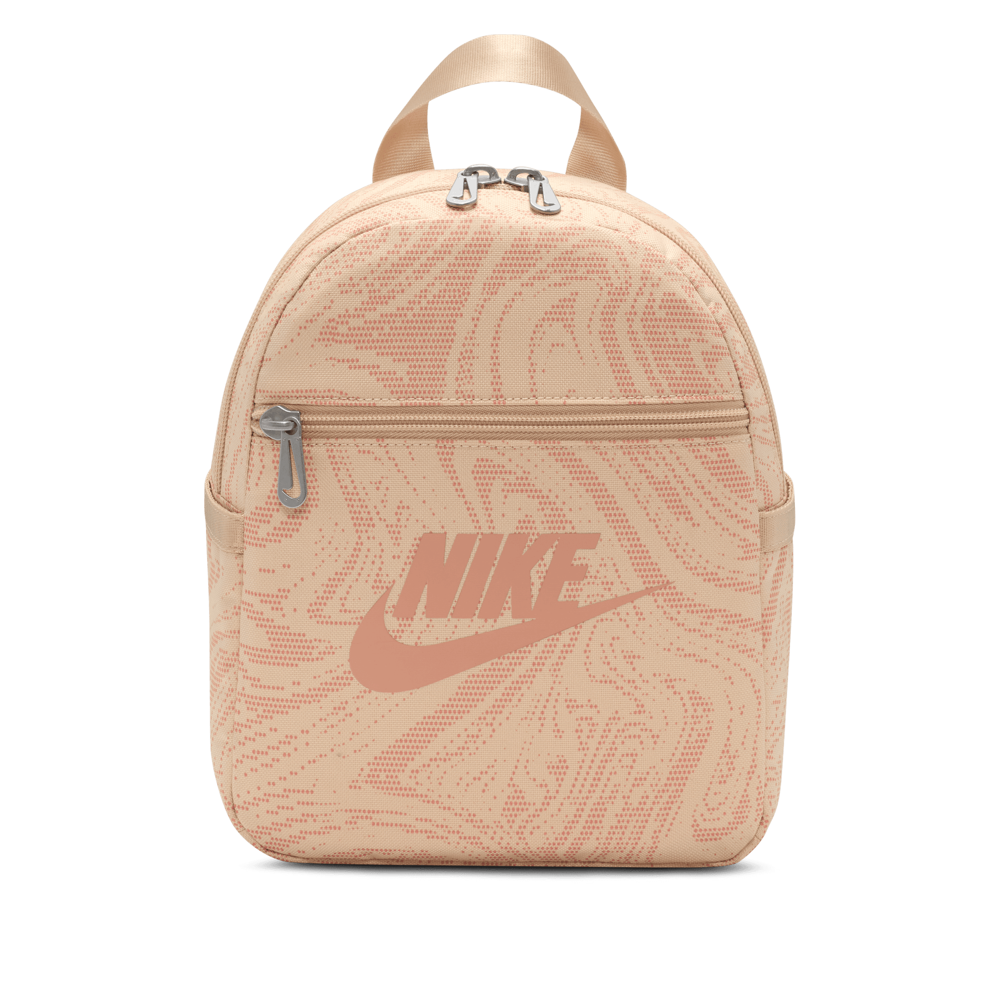 Front of zip tote bag with white canvas, black canvas straps and handle, and black zipper pulls.