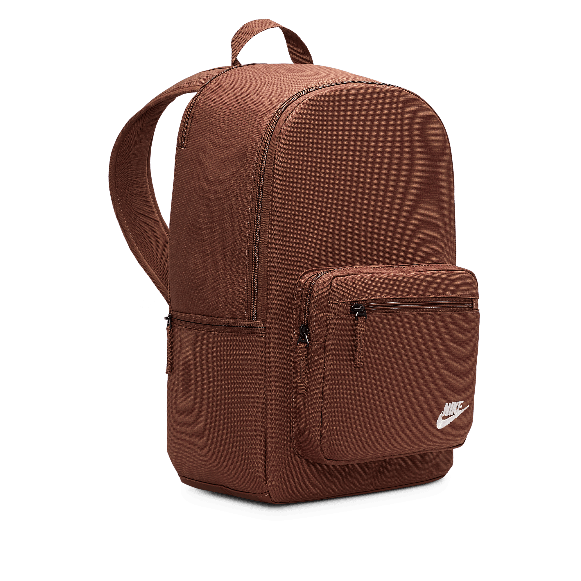 Front of zip tote bag with white canvas, black canvas straps and handle, and black zipper pulls.