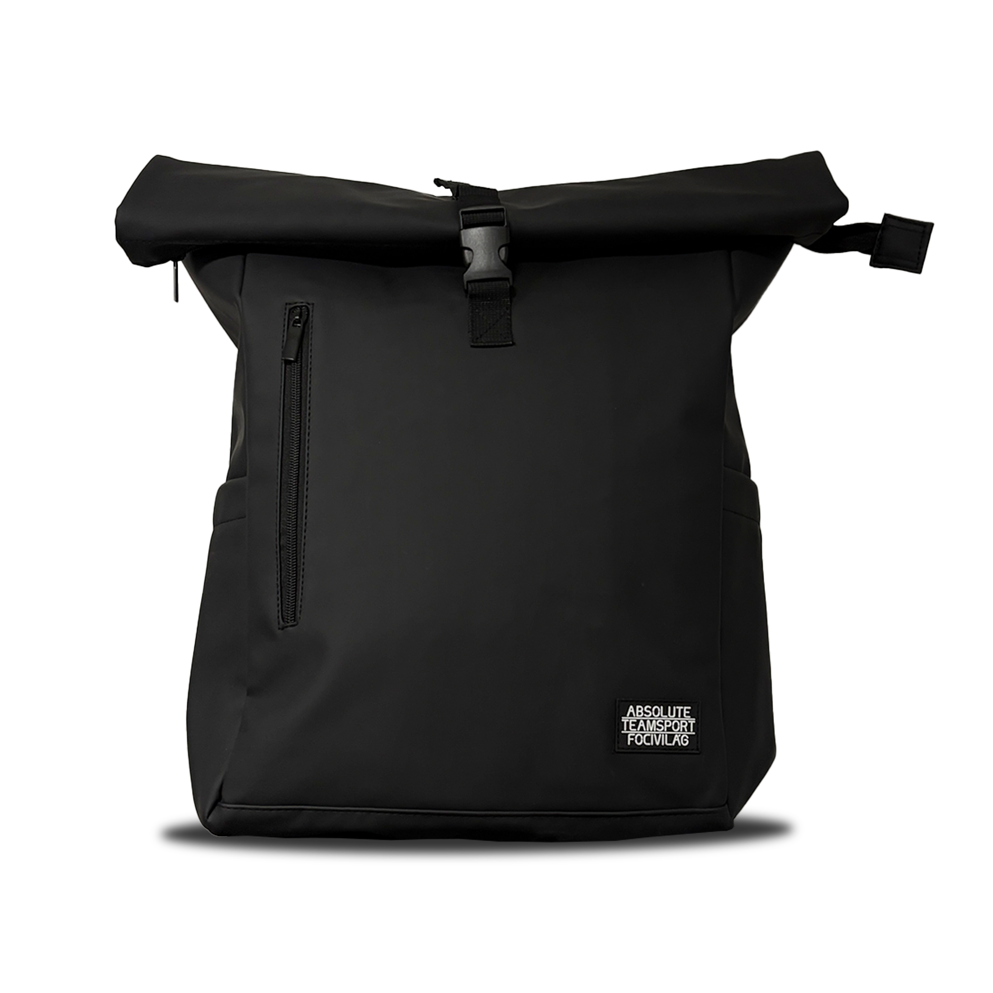 Front of zip tote bag with white canvas, black canvas straps and handle, and black zipper pulls.