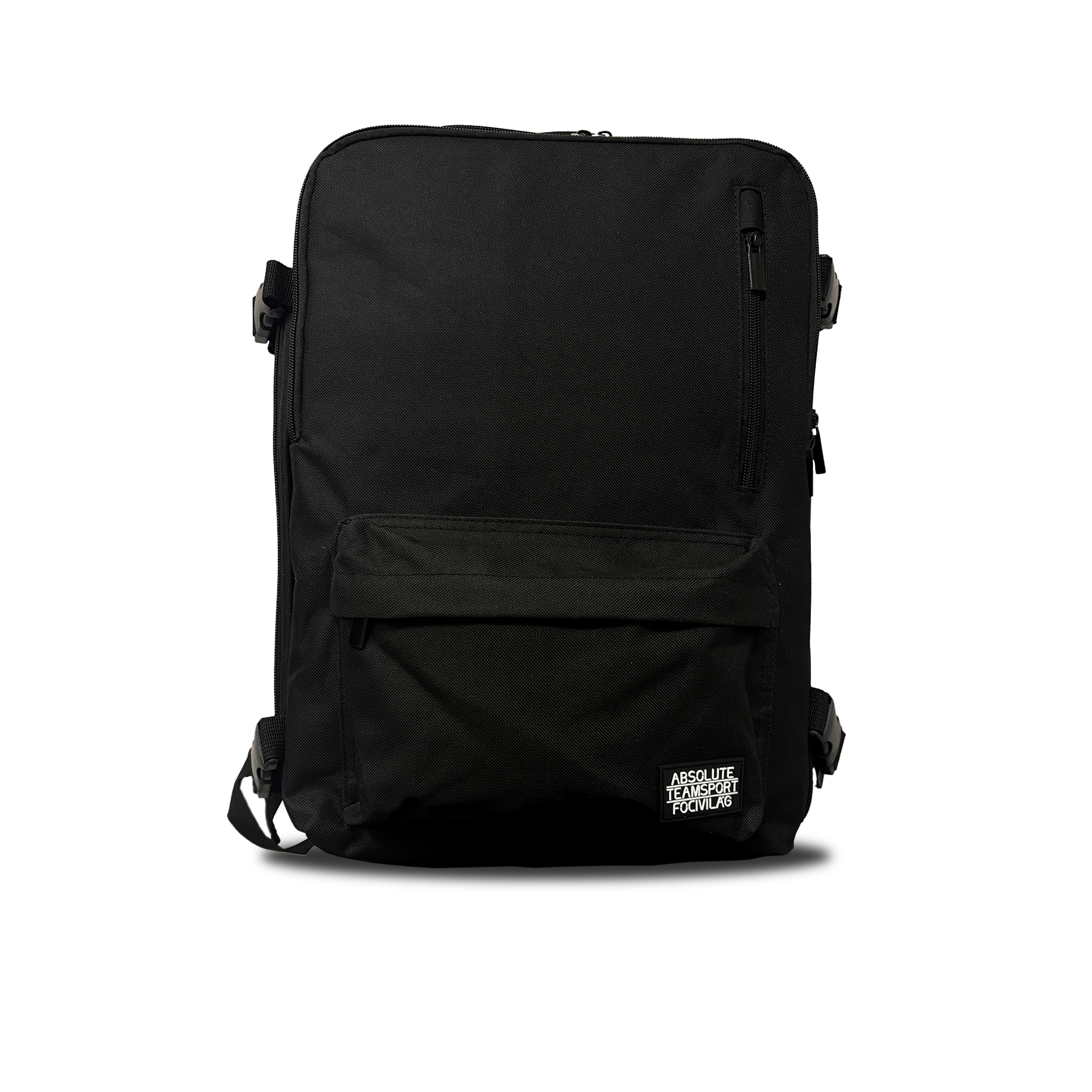 Front of zip tote bag with white canvas, black canvas straps and handle, and black zipper pulls.