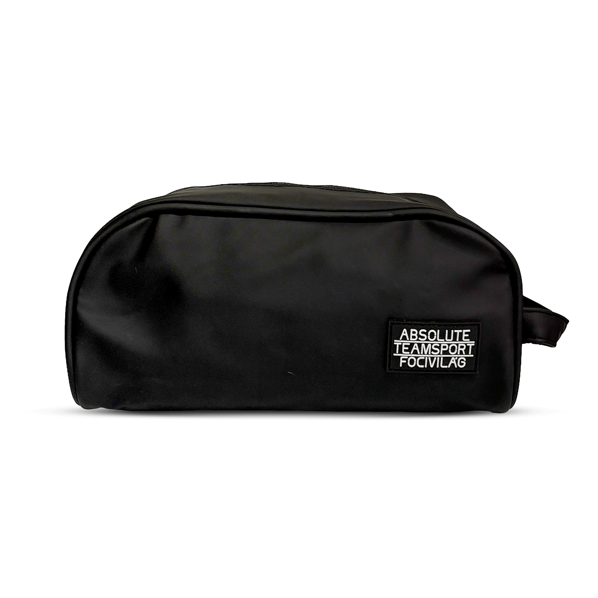 Front of zip tote bag with white canvas, black canvas straps and handle, and black zipper pulls.