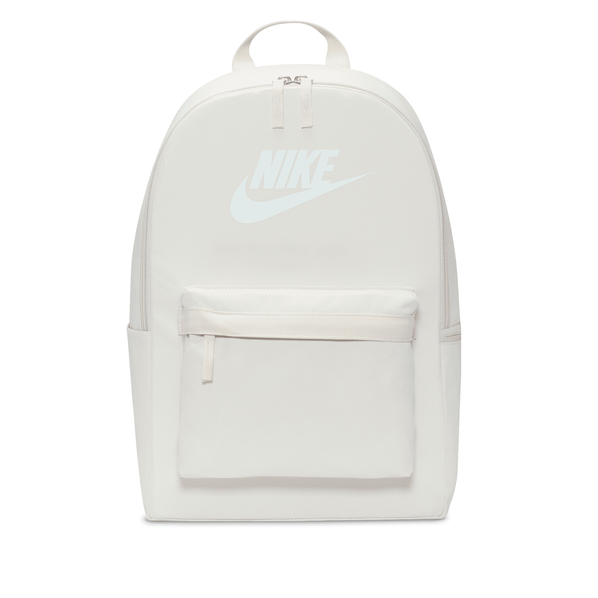 Front of zip tote bag with white canvas, black canvas straps and handle, and black zipper pulls.